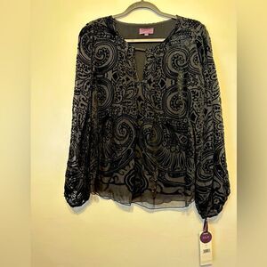 Hale Bob  silk, velvet  long sleeve top blouses size M in black, NWT